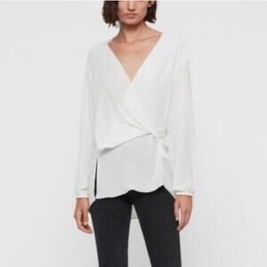 AllSaints Mia Faux Wrap High-Low Chiffon Blouse, Short Sleeve, Cream, Women's XS